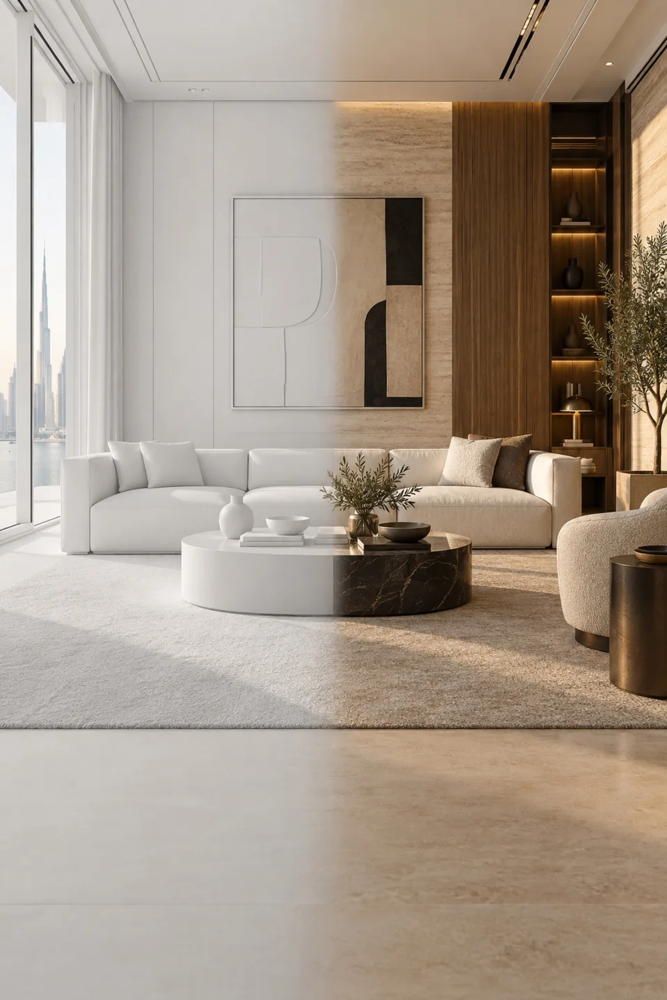 Living room transitioning from a white clay visualisation on the left to finished materials on the right.