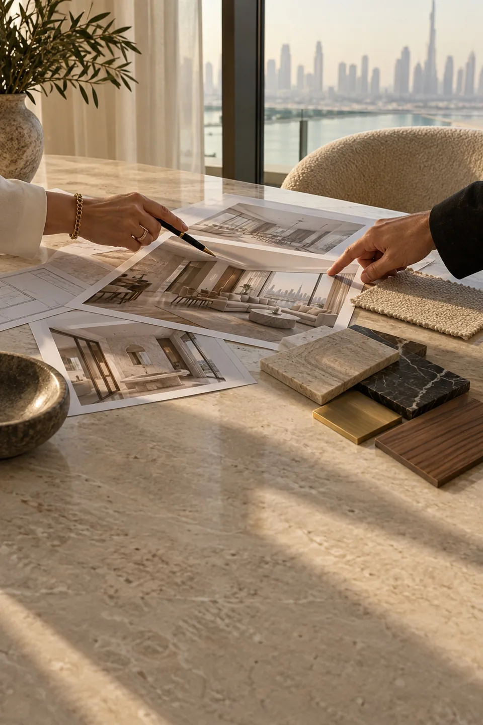 Two people's hands reviewing printed interior images beside stone, timber and fabric samples.