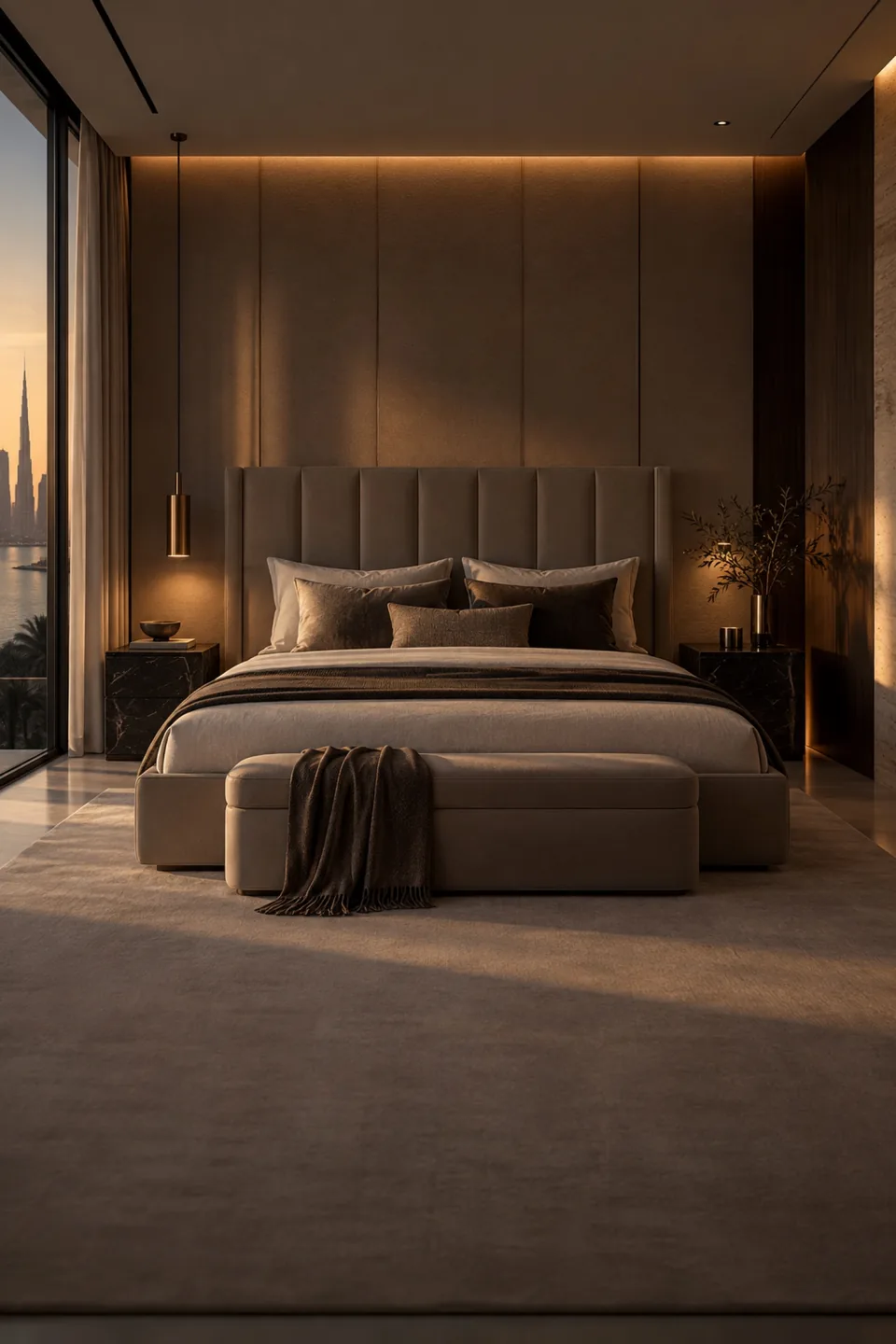 Taupe bedroom with an upholstered headboard, slim pendant and warm cove lighting.