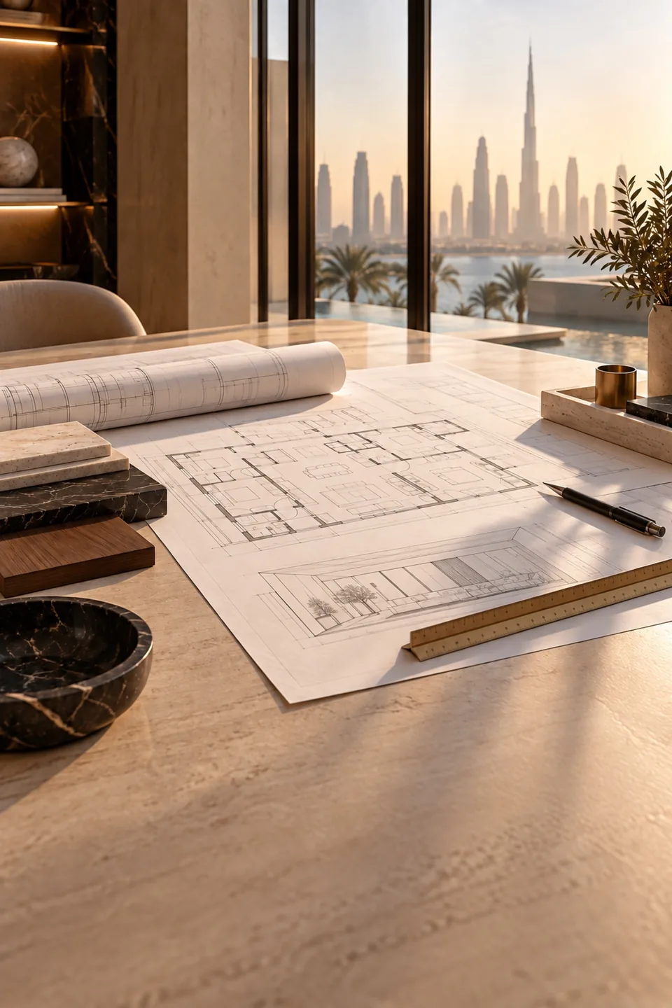 Architectural floor plans, a scale ruler and mechanical pencil on a stone drafting table.