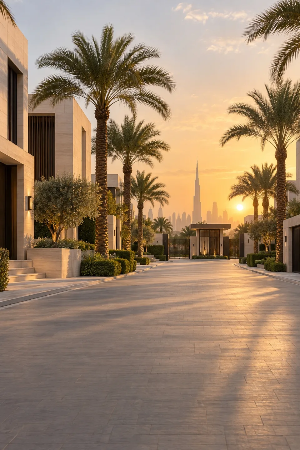 Palm-lined street of modern stone villas with a gatehouse in the distance at golden hour.
