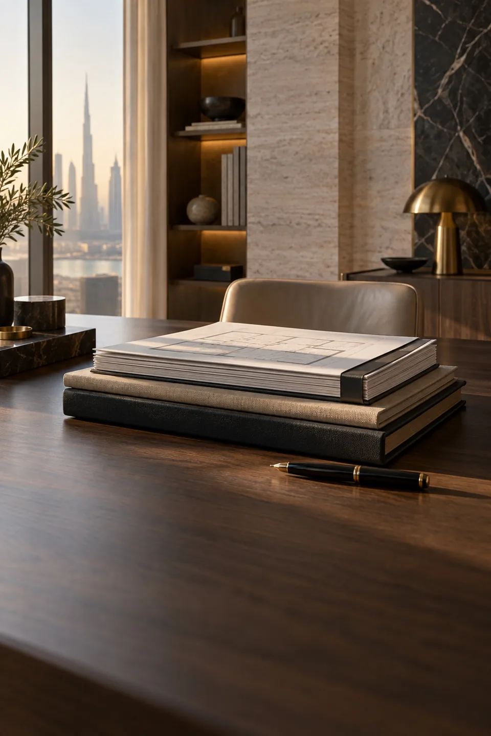 Bound drawing sets and document folders with a fountain pen on a walnut desk.