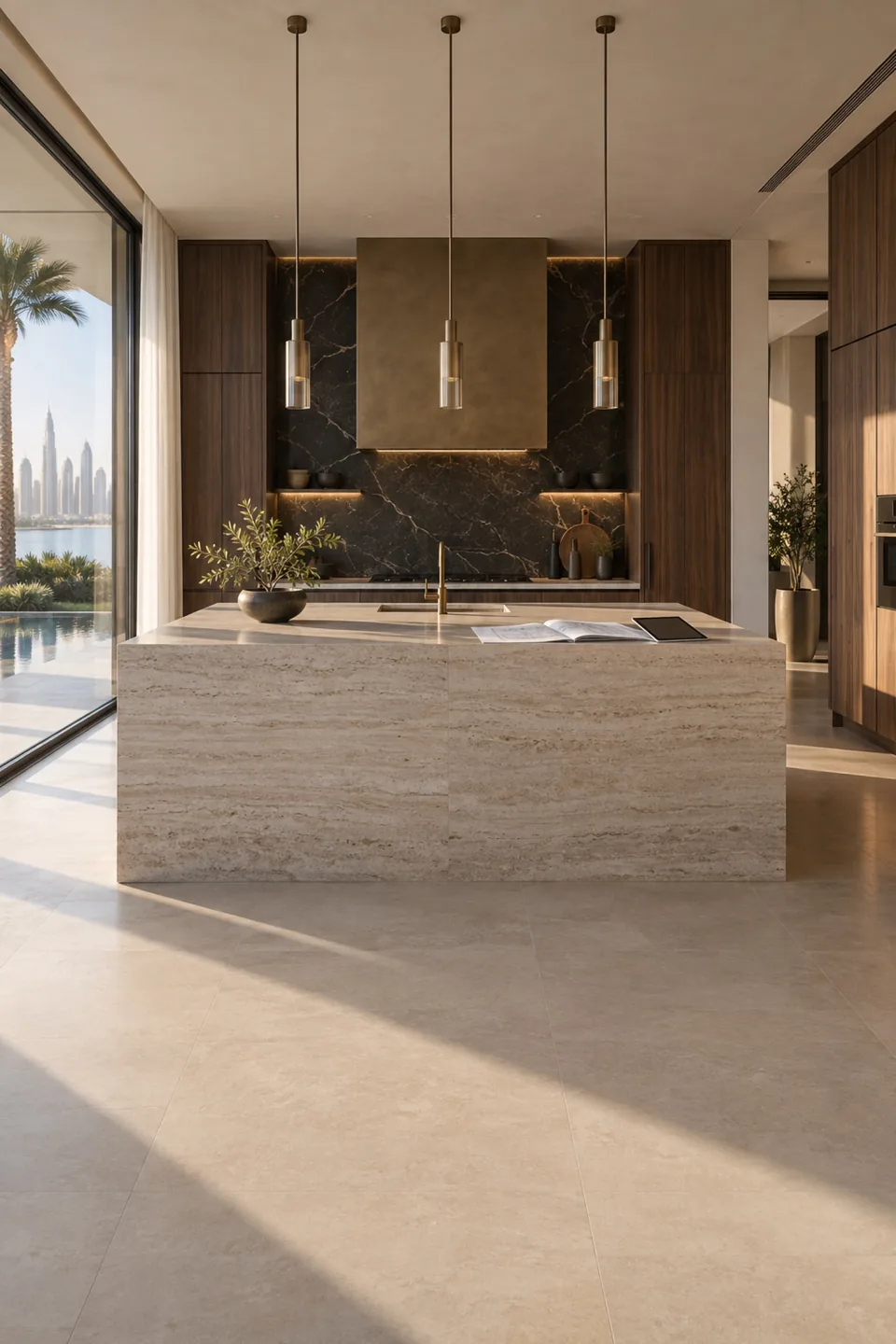 Completed kitchen with a stone island, folded drawings and a tablet.