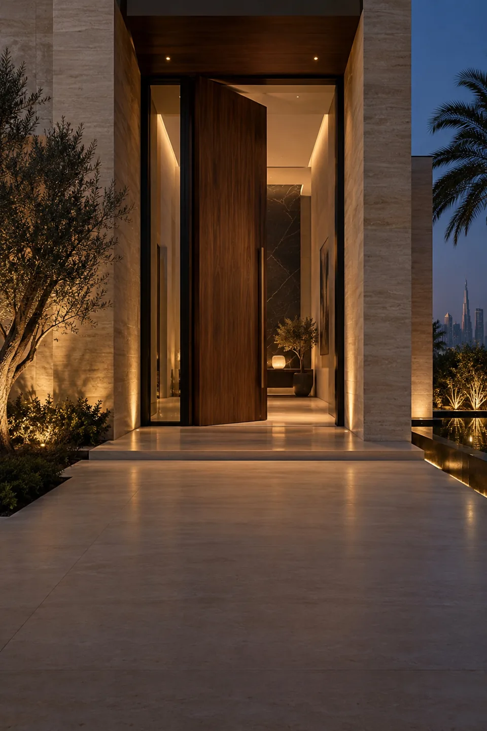 Tall walnut pivot door at a stone-clad villa entrance with warm lighting at dusk.