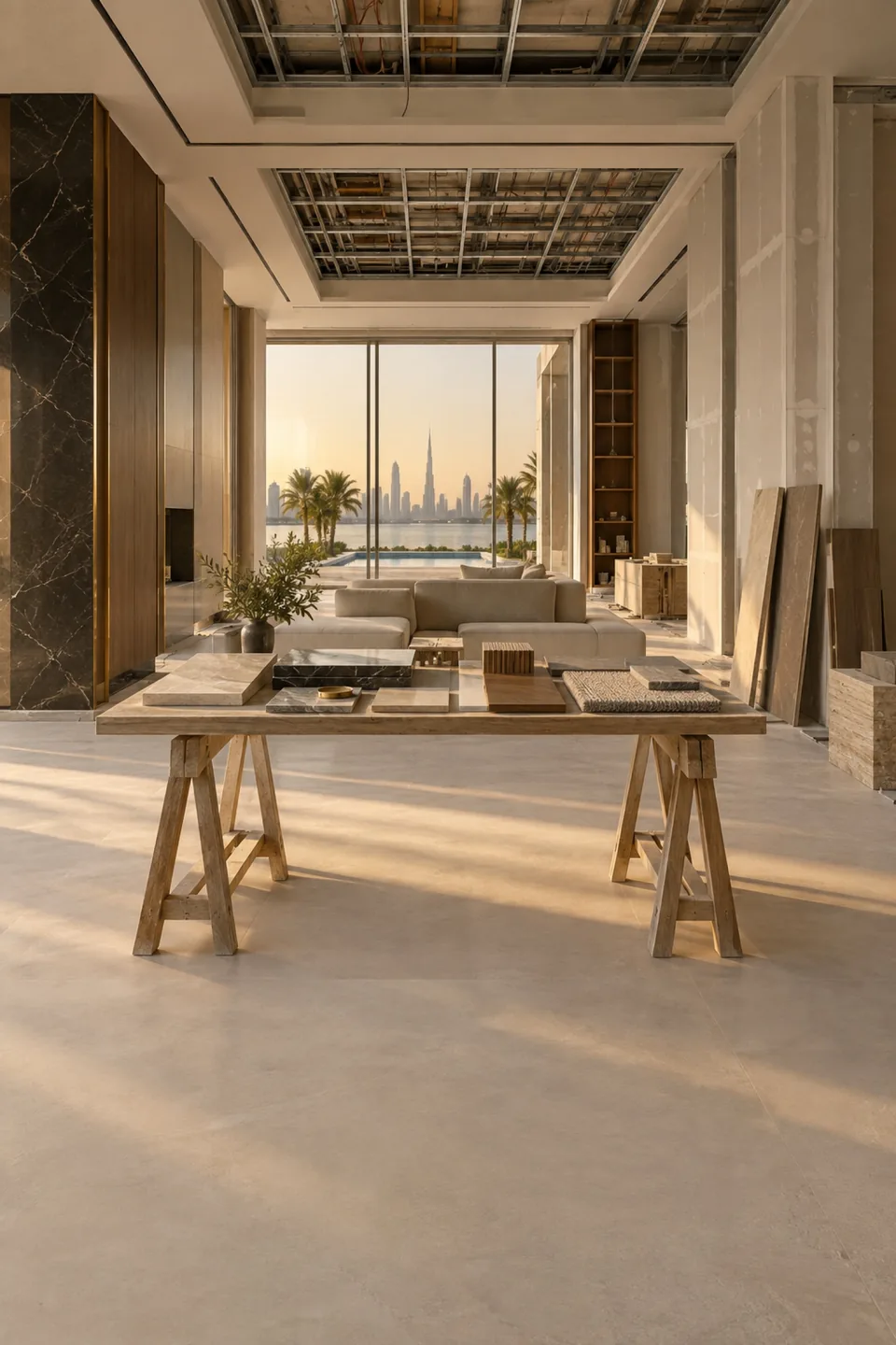 Villa interior during fit-out, with exposed ceiling framework and material samples on a trestle table.