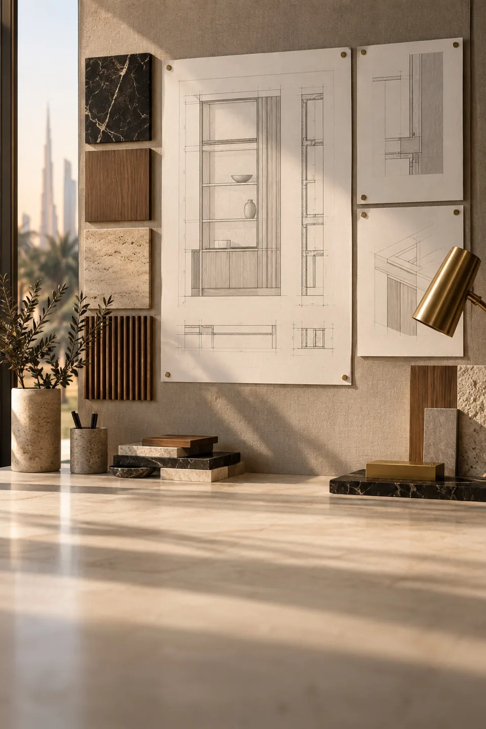 Joinery detail drawings pinned beside timber and marble samples in a design studio.