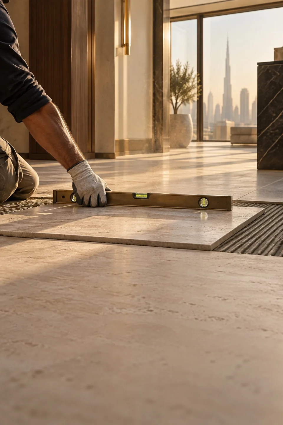 Gloved hand checking a newly laid travertine floor tile with a spirit level.