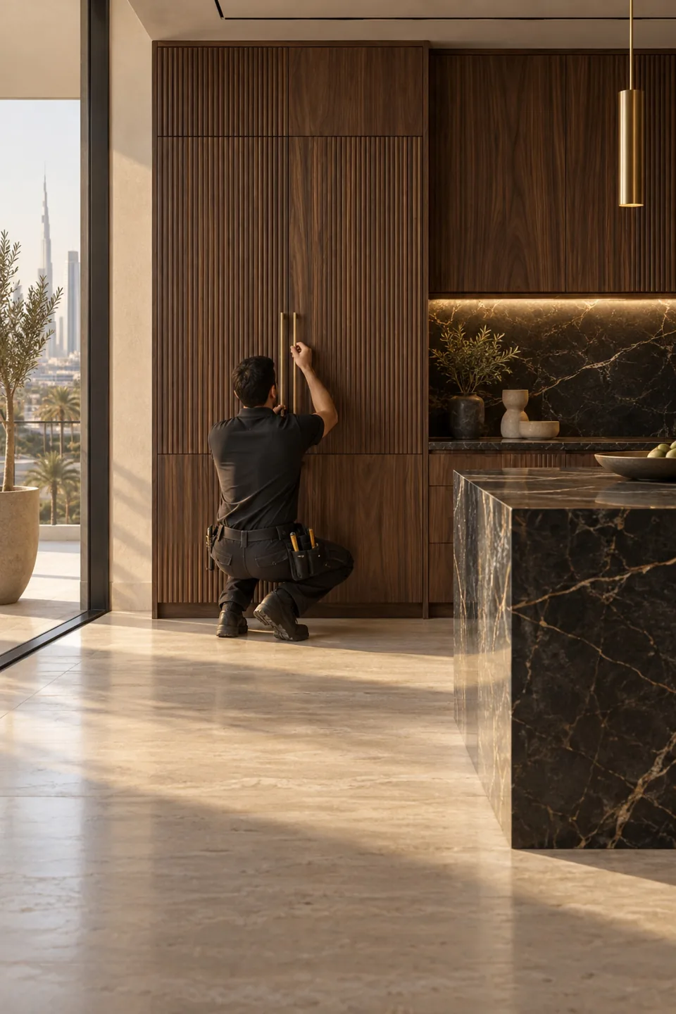 Installer seen from behind fitting a brass handle to fluted walnut kitchen cabinetry.
