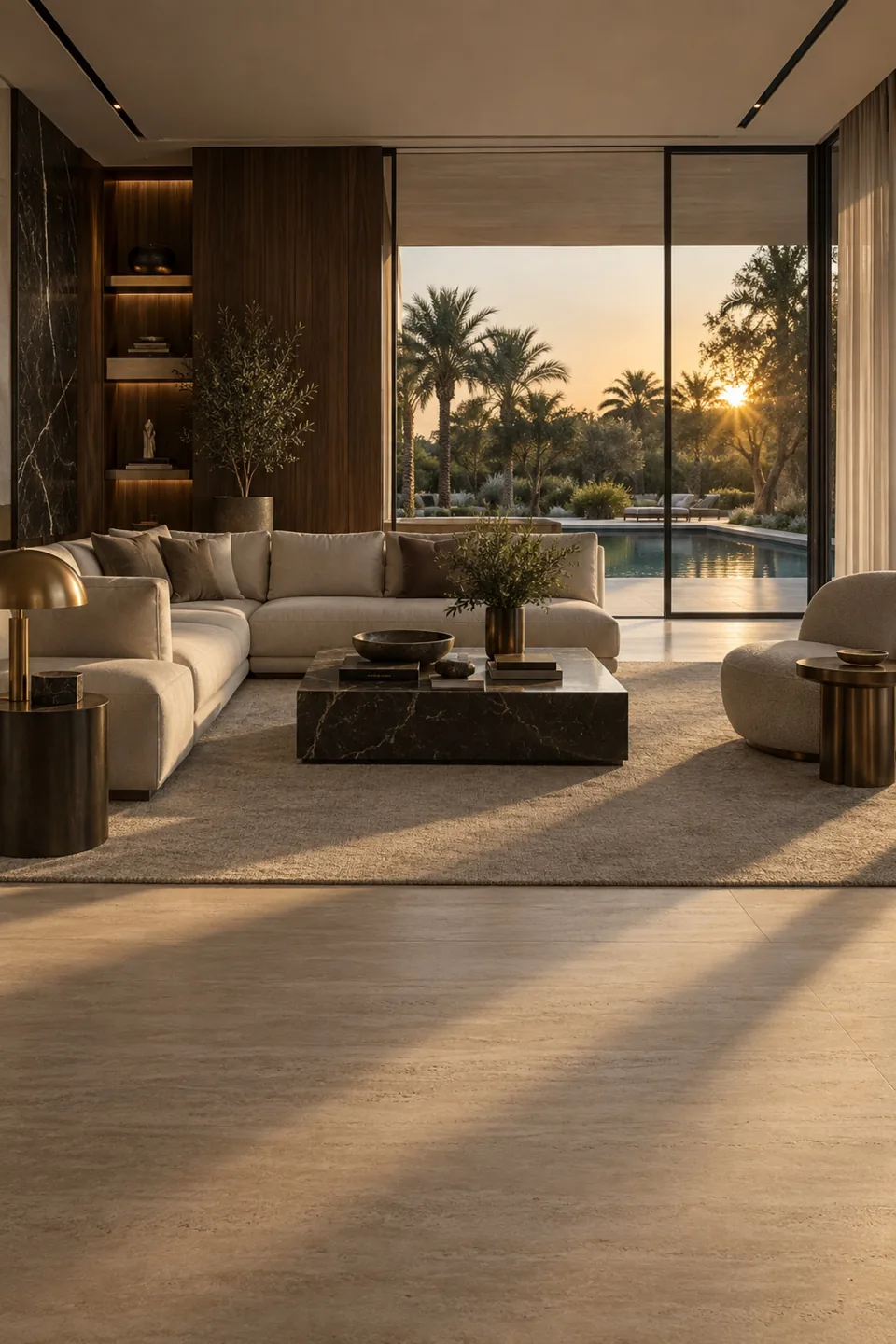 Completed living room with cream sofas, walnut panelling and a view of a pool and garden.