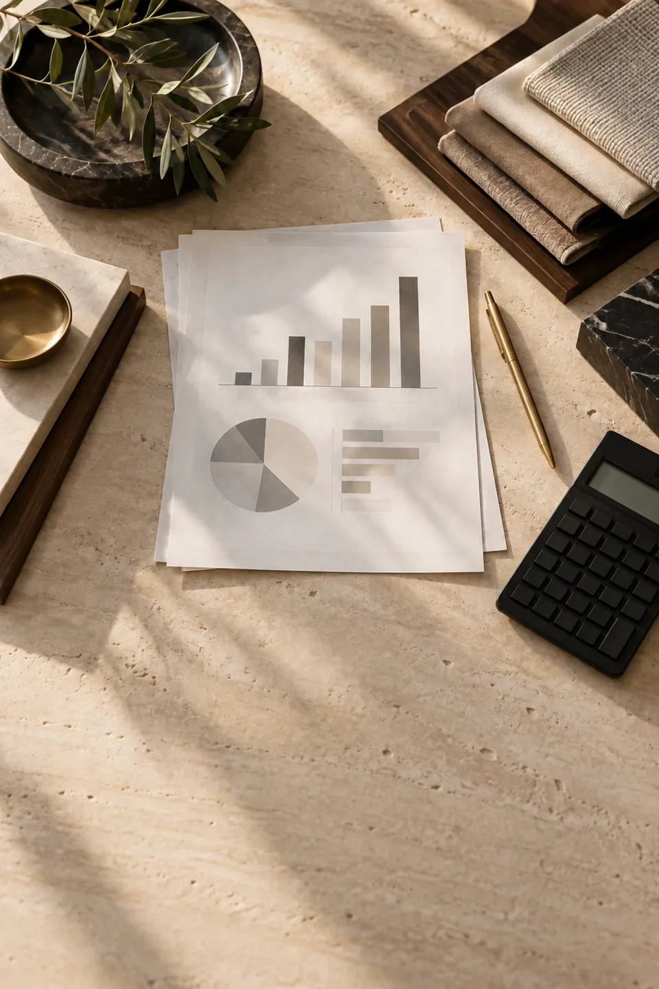 Unlabelled cost charts, a calculator, brass pen and fabric samples on travertine.