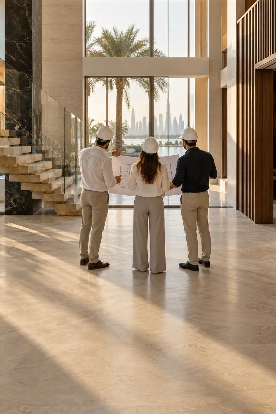 Three professionals in white hard hats seen from behind reviewing drawings in a villa.