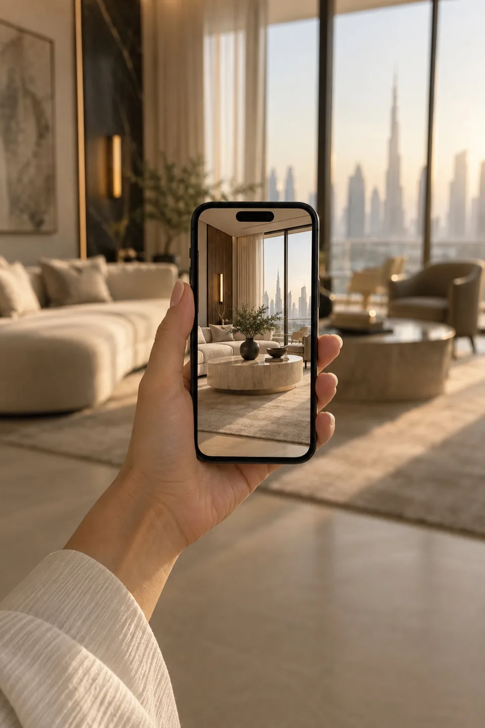 Hand holding a smartphone displaying an interior photograph against a blurred living room.