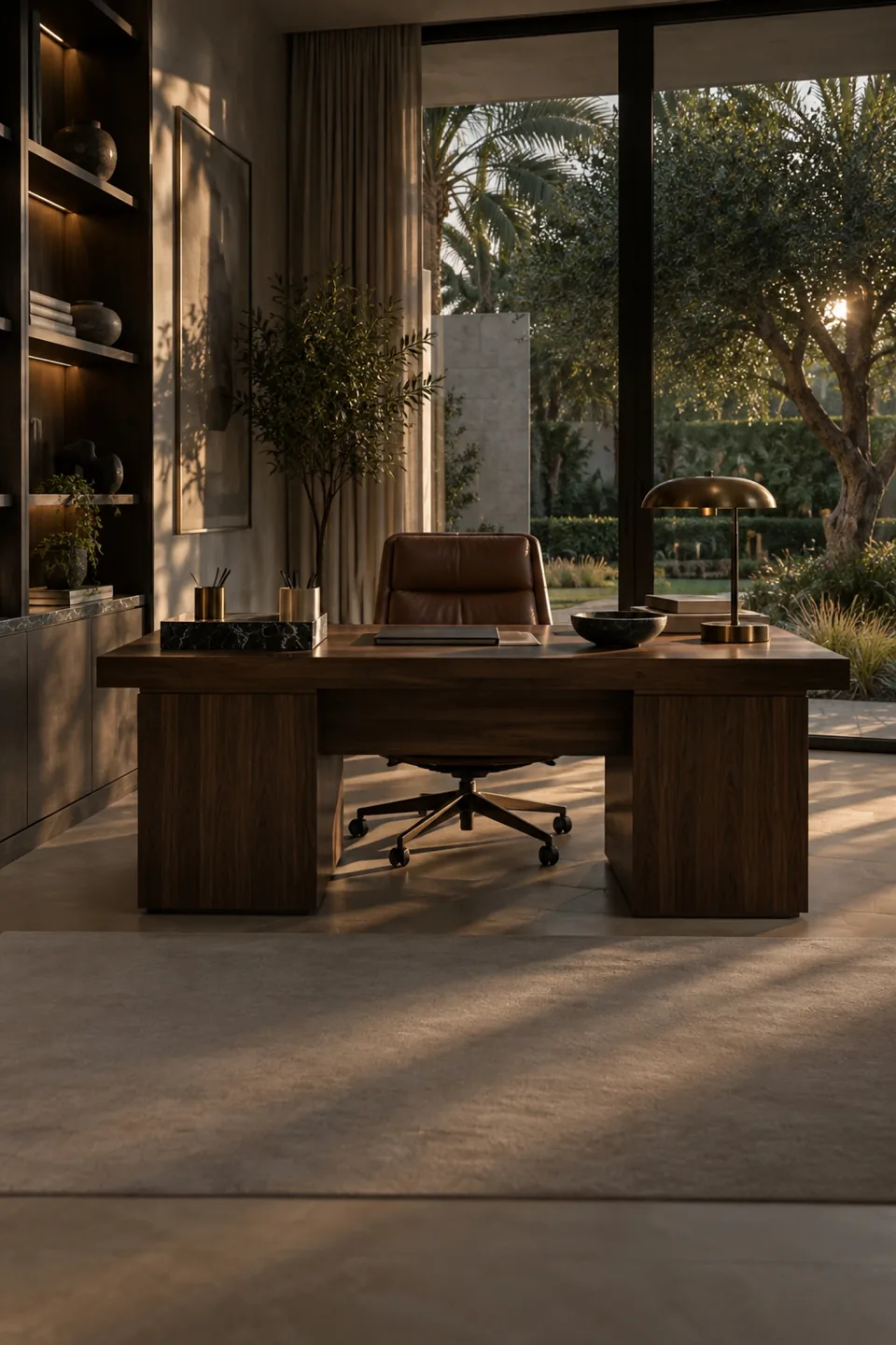 Walnut desk and leather chair in a quiet home office overlooking a garden.