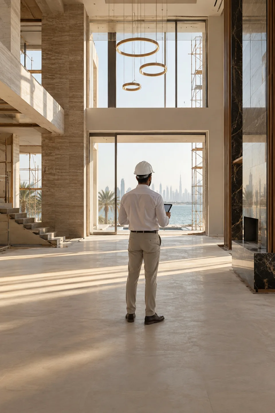Supervisor in a white hard hat seen from behind holding a tablet in a partially finished villa.