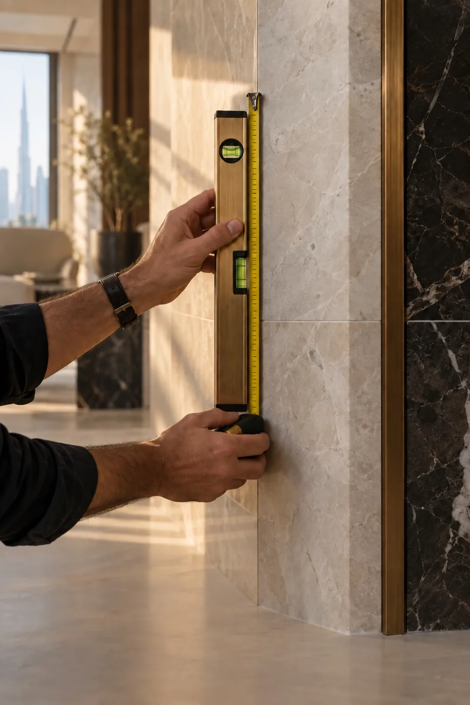 Hands holding a spirit level and tape measure against a marble wall joint.