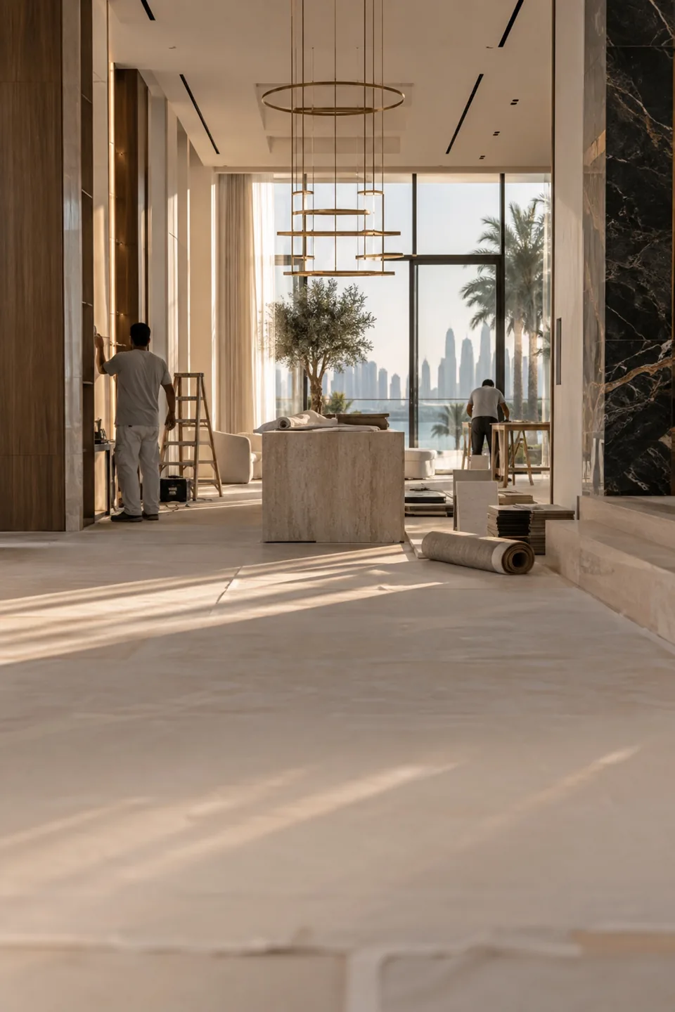 Organised villa fit-out with covered floors, stacked materials and workers in the background.