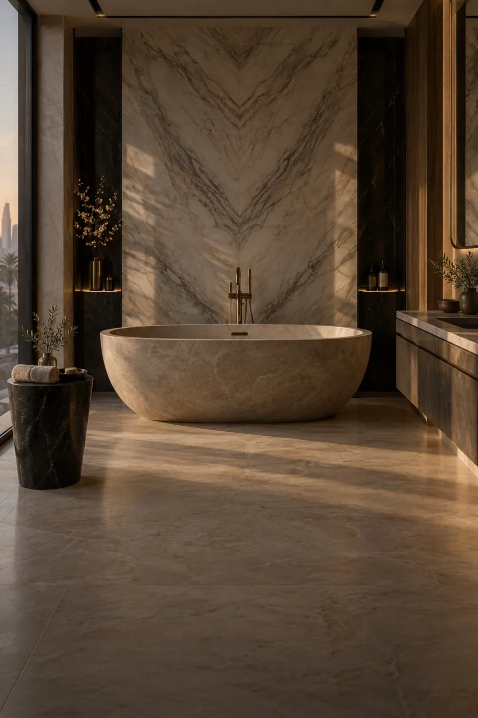 Stone bathtub beneath book-matched marble walls with brass fittings and warm soft light.