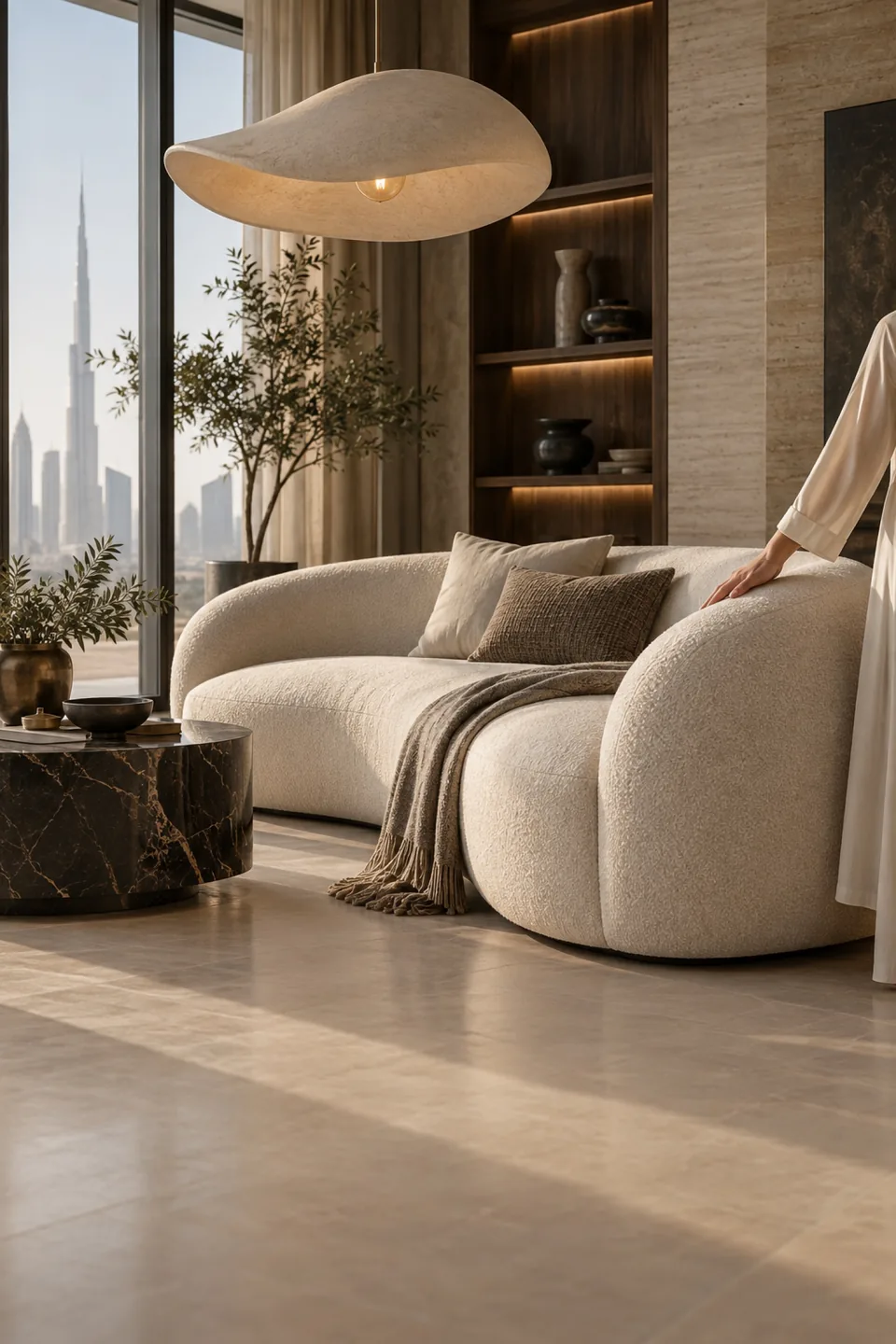 Hand touching a curved cream sofa beneath a sculptural pendant in a furniture showroom.