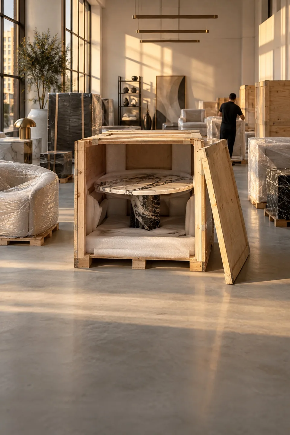 Open wooden crate containing a marble table among wrapped furniture in a bright warehouse.