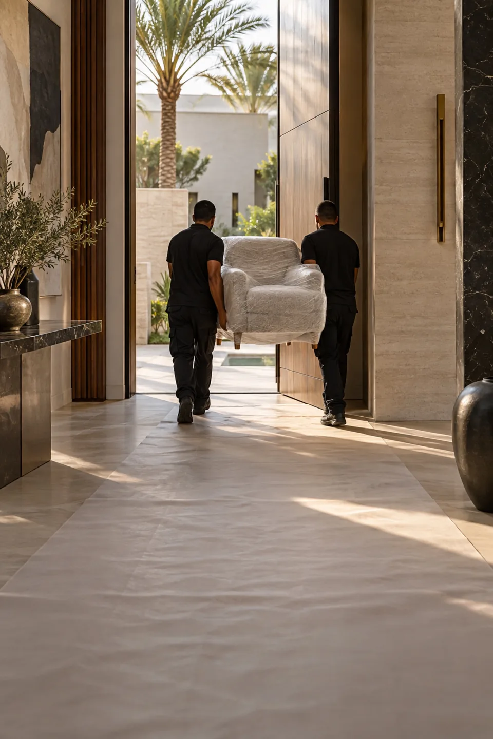 Two installers seen from behind carrying a wrapped armchair through a tall villa doorway.