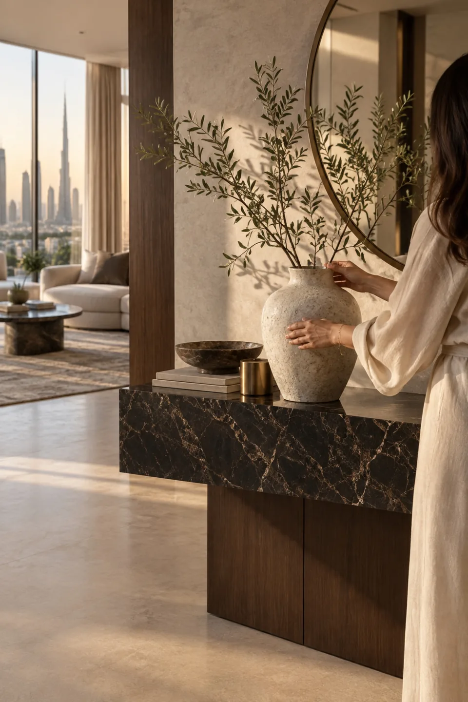 Stylist arranging a ceramic vase with leafy branches on a black marble console.
