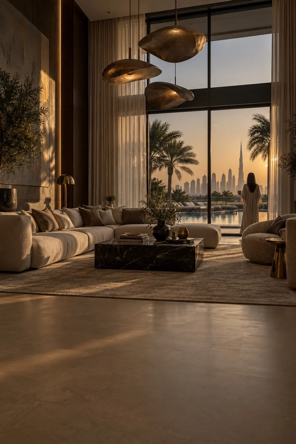 Furnished living room with layered cream textiles, sculptural pendants and pool views at golden hour.