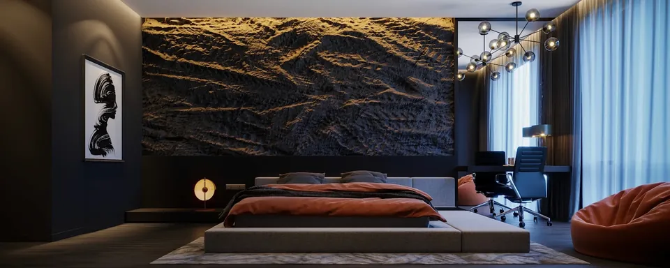 Dark bedroom with a low platform bed, rust bedding, a textured relief wall panel and an orange bean bag.