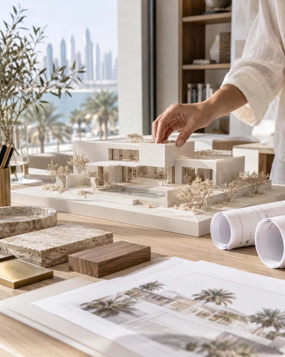 Hand adjusting a white architectural model of a modern villa