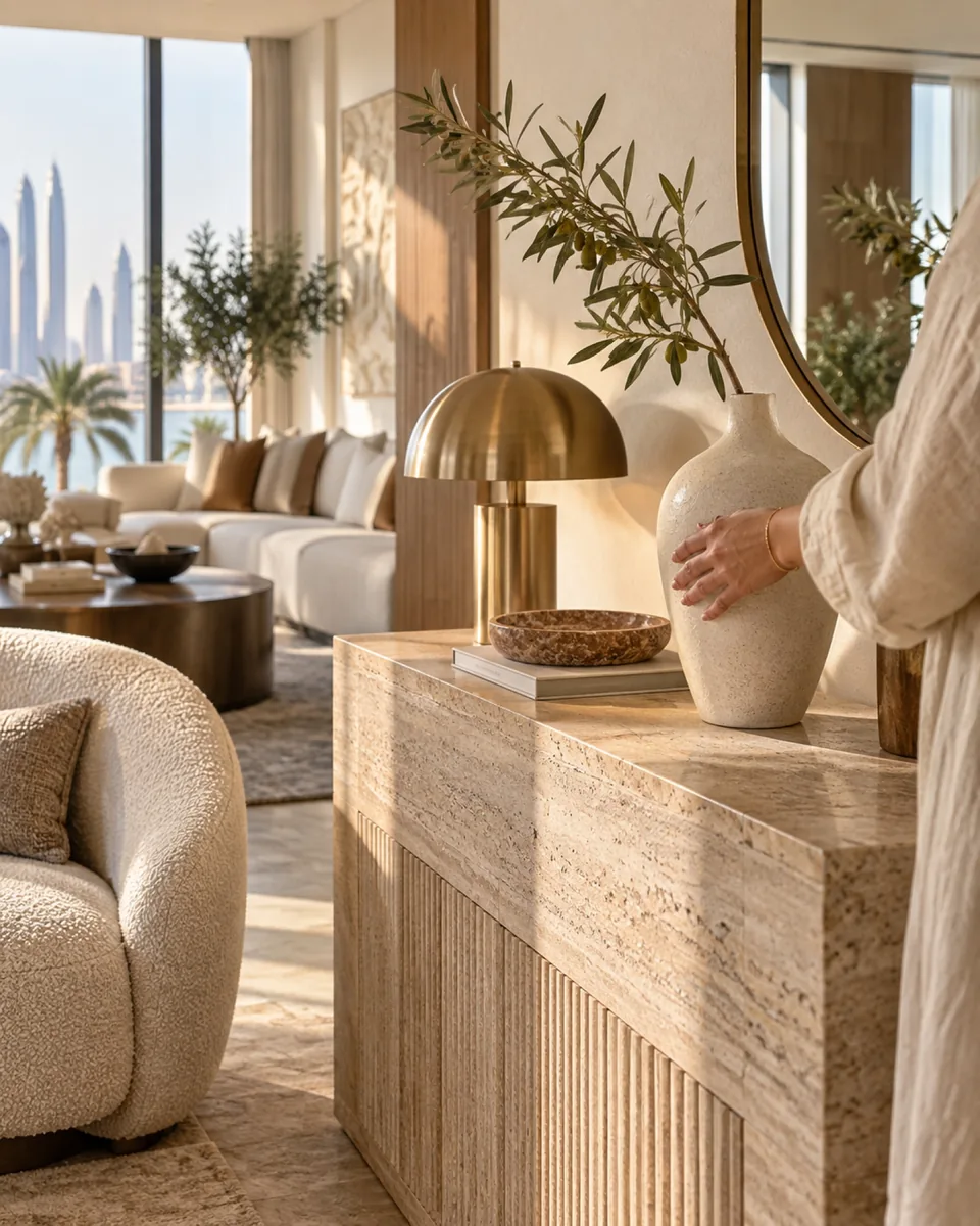 Stylist placing a ceramic vase on a travertine console